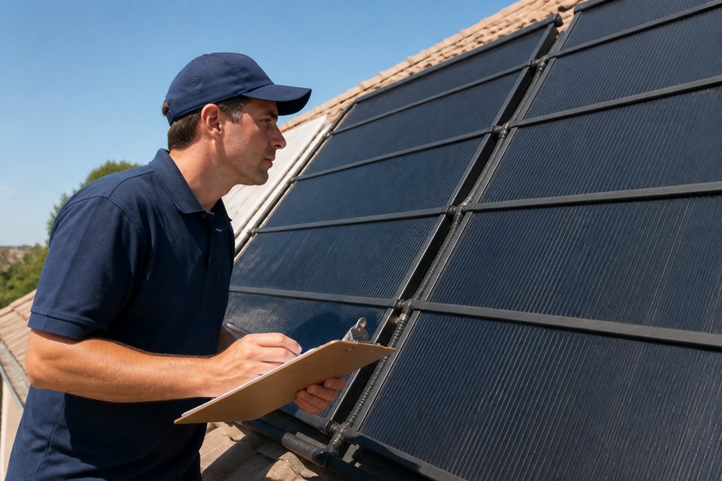 Close-up of a certified technician inspecting solar collector panels mounted on a residential roof in bright sunlight, with a clipboard in hand