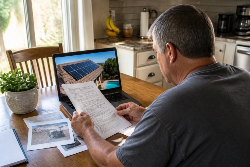 Homeowner sitting at a kitchen table reviewing printed warranty documents and photos of solar pool heating panels on a laptop screen, warm natural light from a nearby window