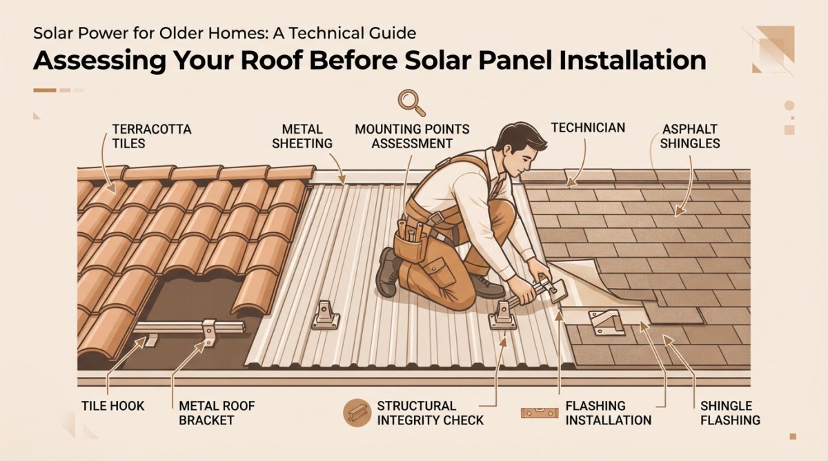 Close-up of a residential roof showing different material sections, terracotta tiles, metal sheeting, and asphalt shingles, with a technician examining mounting points and structural integrity