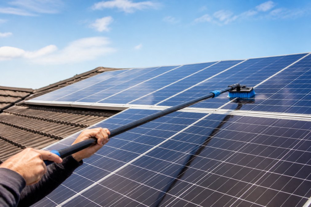 A close-up of a homeowner's hands guiding a soft, non-abrasive brush on an extension pole across a solar panel, the rest of the roof array stretching behind under a bright blue sky