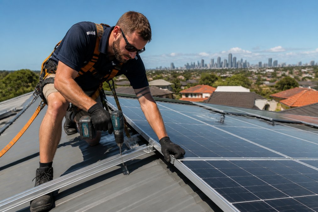 Experienced solar technician at residential rooftop carefully positioning mounting brackets and securing photovoltaic panels using calibrated tools, wearing safety equipment, with suburban Melbourne landscape visible in background