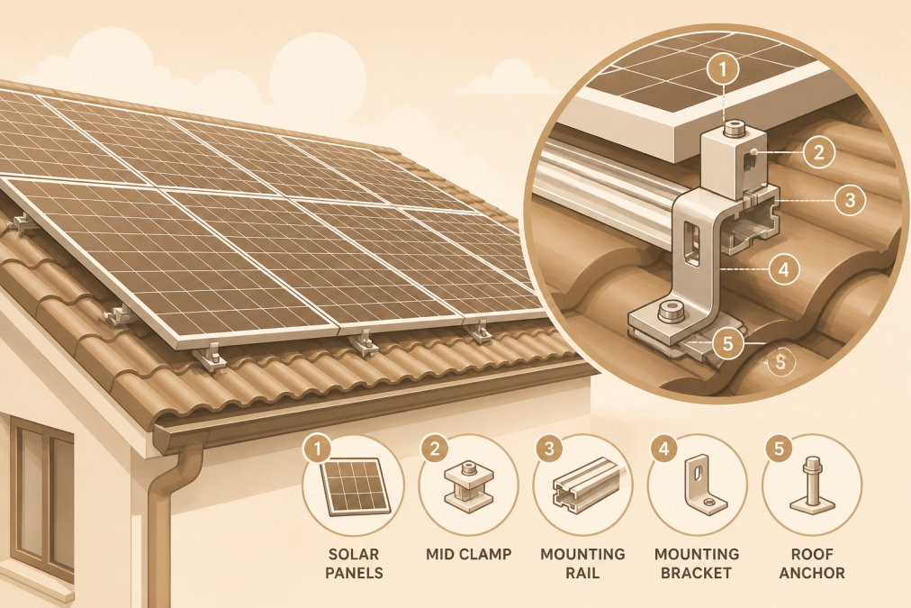 Close-up of rooftop solar panels mounted on residential home with blue sky in background, showing photovoltaic array installation detail and metal mounting brackets