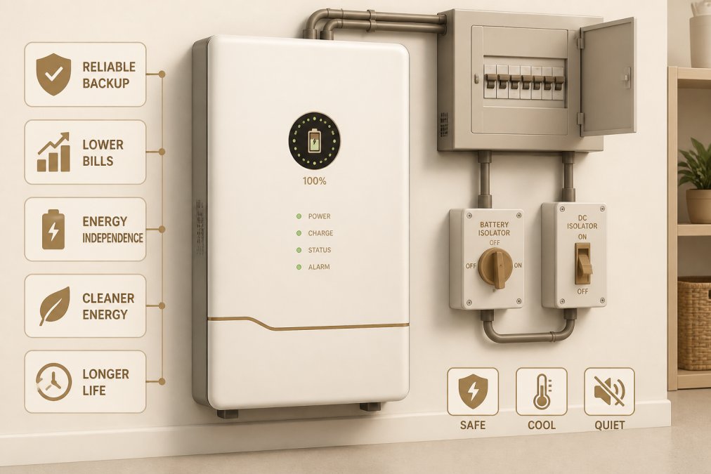 Modern battery storage unit installed indoors next to electrical panel, showing sleek residential battery backup system with LED indicators and safety switches