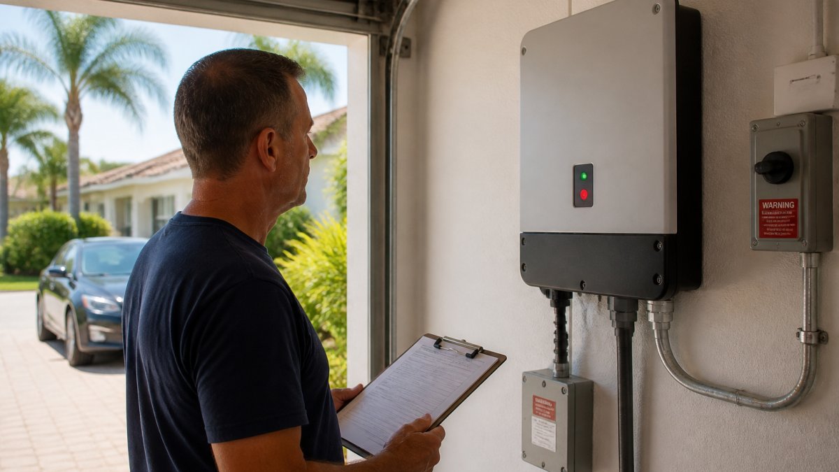 Homeowner checking a solar inverter in a garage for solar production dropped troubleshooting in Florida.