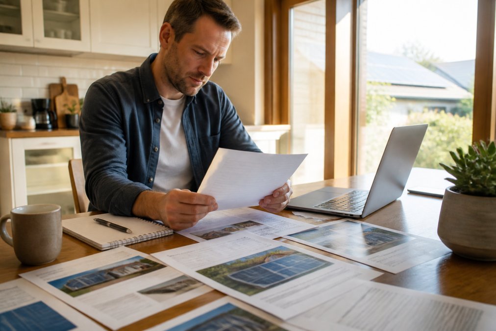 A homeowner reviewing solar quote documents spread across a kitchen table, laptop open showing an energy monitoring dashboard, morning light through a window
