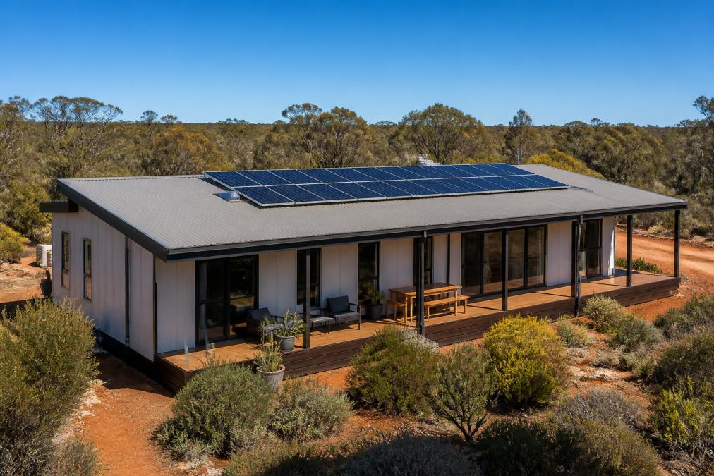 A completed steel-framed modular home on a rural Western Australian block, with rooftop solar panels visible against a clear blue sky, the home fully installed on site with surrounding red-earth bushland and native scrub
