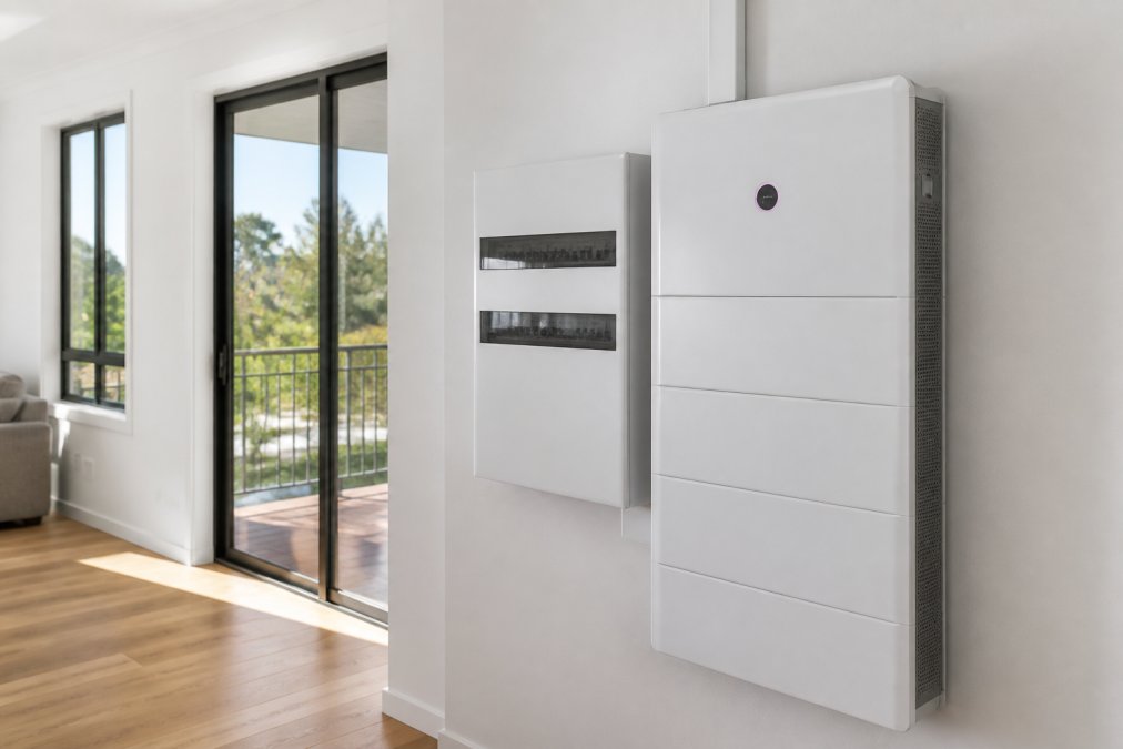 Interior view of a modern modular home showing a wall-mounted battery storage unit next to a white electrical panel, clean white walls, timber flooring, and natural light streaming through large windows
