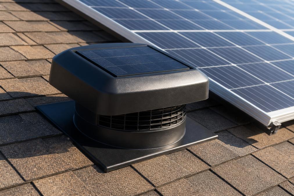 Close-up of a solar roof vent installed on a residential roof with visible photovoltaic panel and airflow circulation through the roof cavity in afternoon sunlight