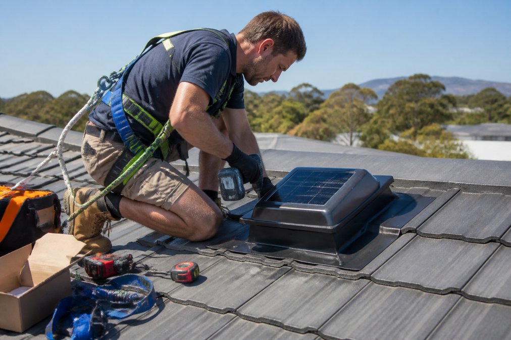 Professional installer with safety harness working on a residential roof, fitting a solar roof ventilation unit with tools, measuring equipment, and safety equipment visible in afternoon sunlight
