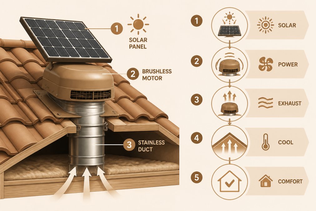 Close-up of a solar roof ventilation system mounted on residential roof tiles, showing solar panel array, brushless motor housing, and stainless steel ductwork connection in bright daylight