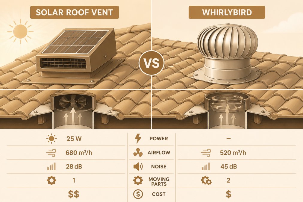Side-by-side comparison of a solar roof vent with gleaming solar panel and motor housing next to a traditional aluminium whirlybird on similar roof sections, showing structural mounting differences in afternoon sunlight