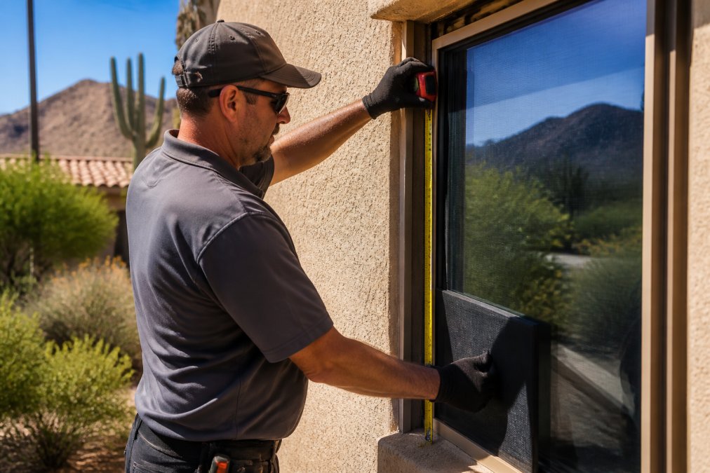 Professional installer measuring a window frame on a stucco home exterior in bright desert sunlight, holding precision measurement tools and custom screen material against the window opening, demonstrating exact fit methodology