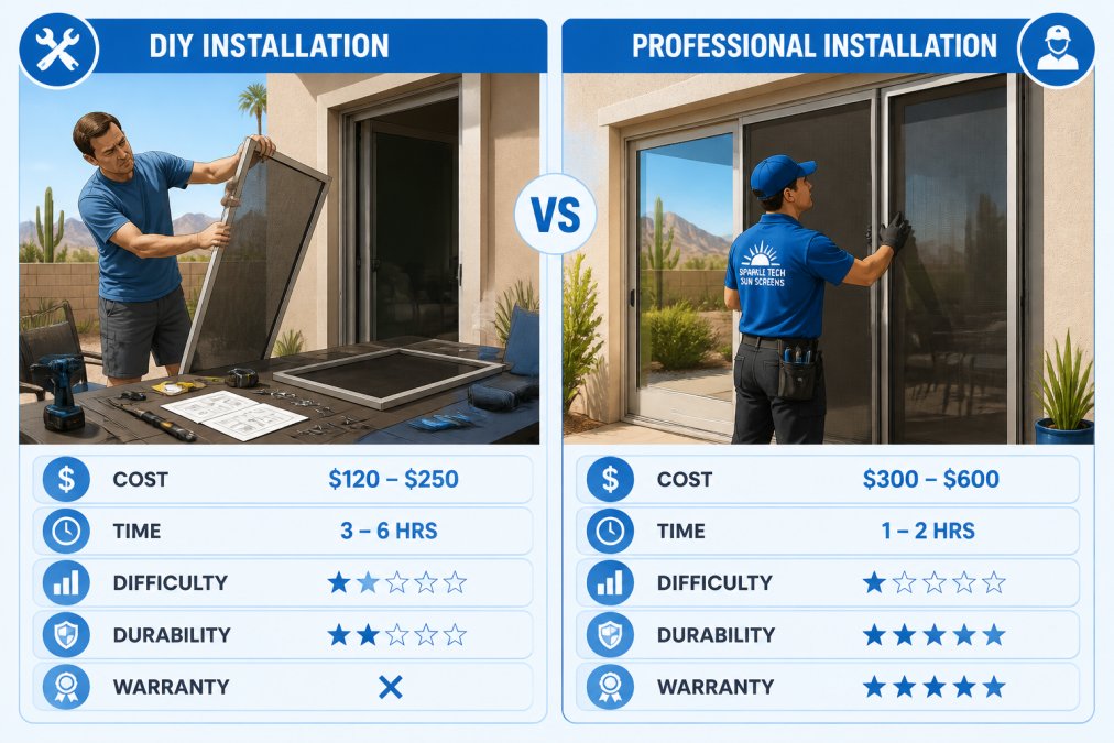 Side-by-side scene showing homeowner attempting DIY screen installation with tools scattered across a patio table on the left, and professional technician in branded uniform completing a polished installation on a patio door on the right, both in bright Arizona sunlight