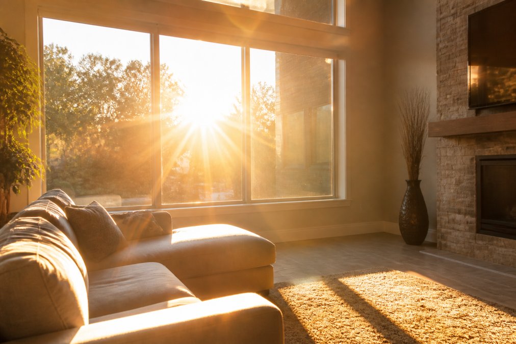 Bright afternoon sunlight streaming through a west-facing window into a living room, illuminating heat and glare on furniture and flooring
