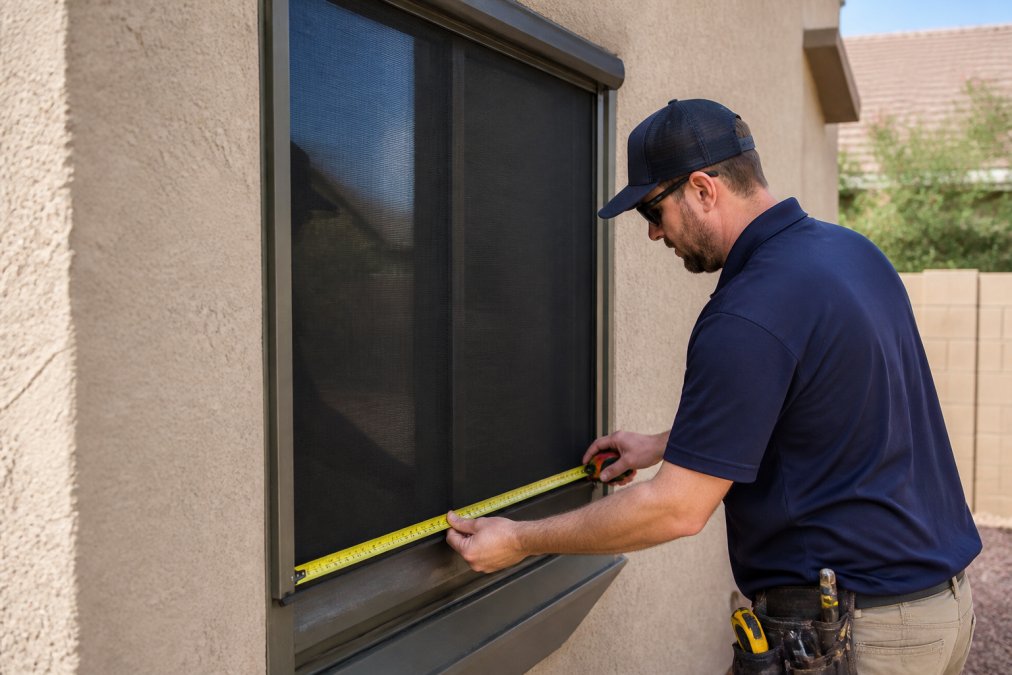 Professional technician measuring and installing a custom solar screen on the exterior of a residential window frame, using precision tools