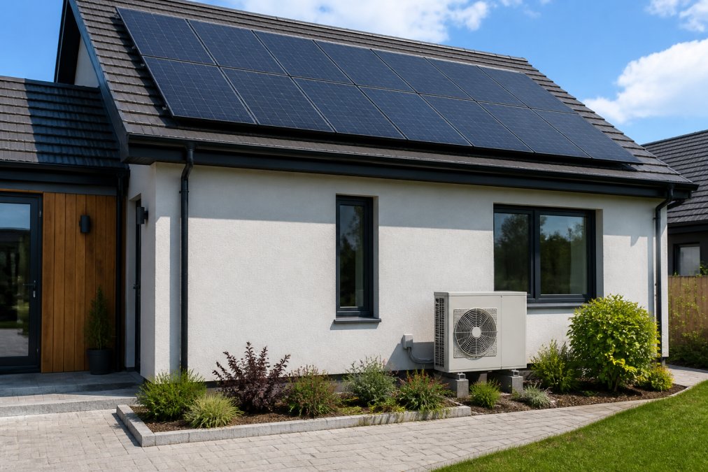 Rooftop solar panels mounted on a modern residential property with an air source heat pump unit visibly installed on the exterior wall, showing both systems integrated into the building structure