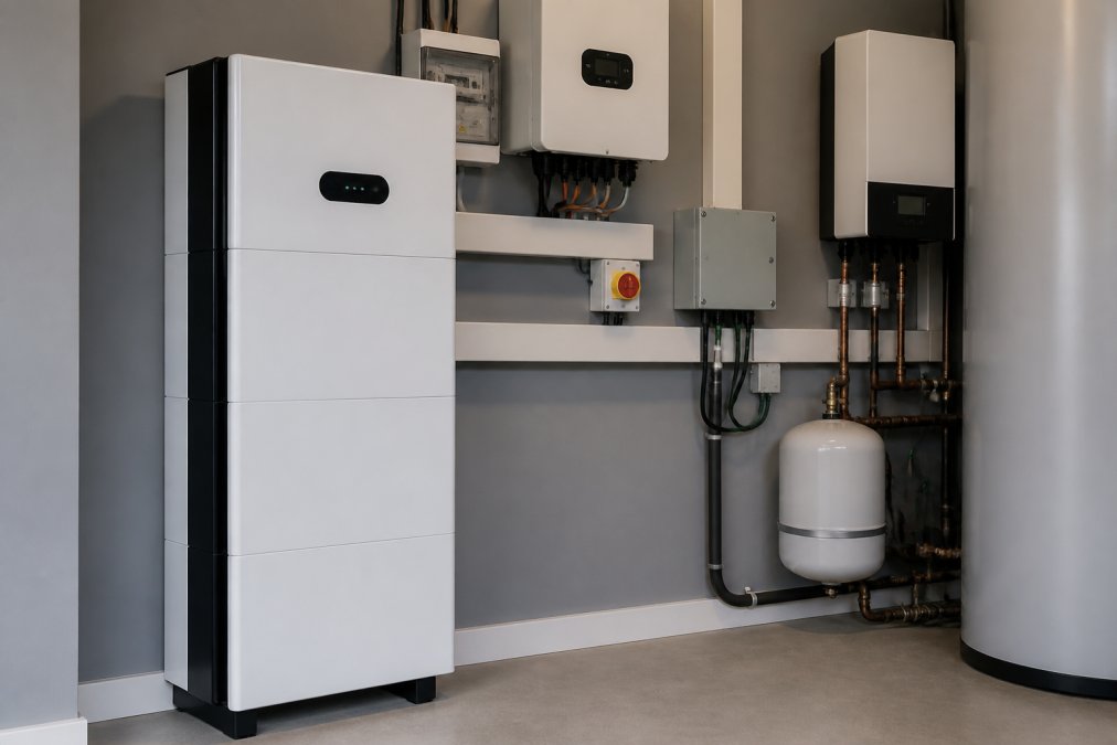 Battery storage system installed in a utility room with clear labelling and visible connections to solar inverter and heat pump control panel, showing the integration point between generation and heating systems