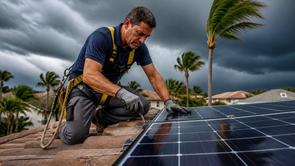 A licensed solar technician in a safety harness on a Florida residential roof after a storm, inspecting panel mounting hardware and roof penetrations, palm trees and dark storm clouds in the background