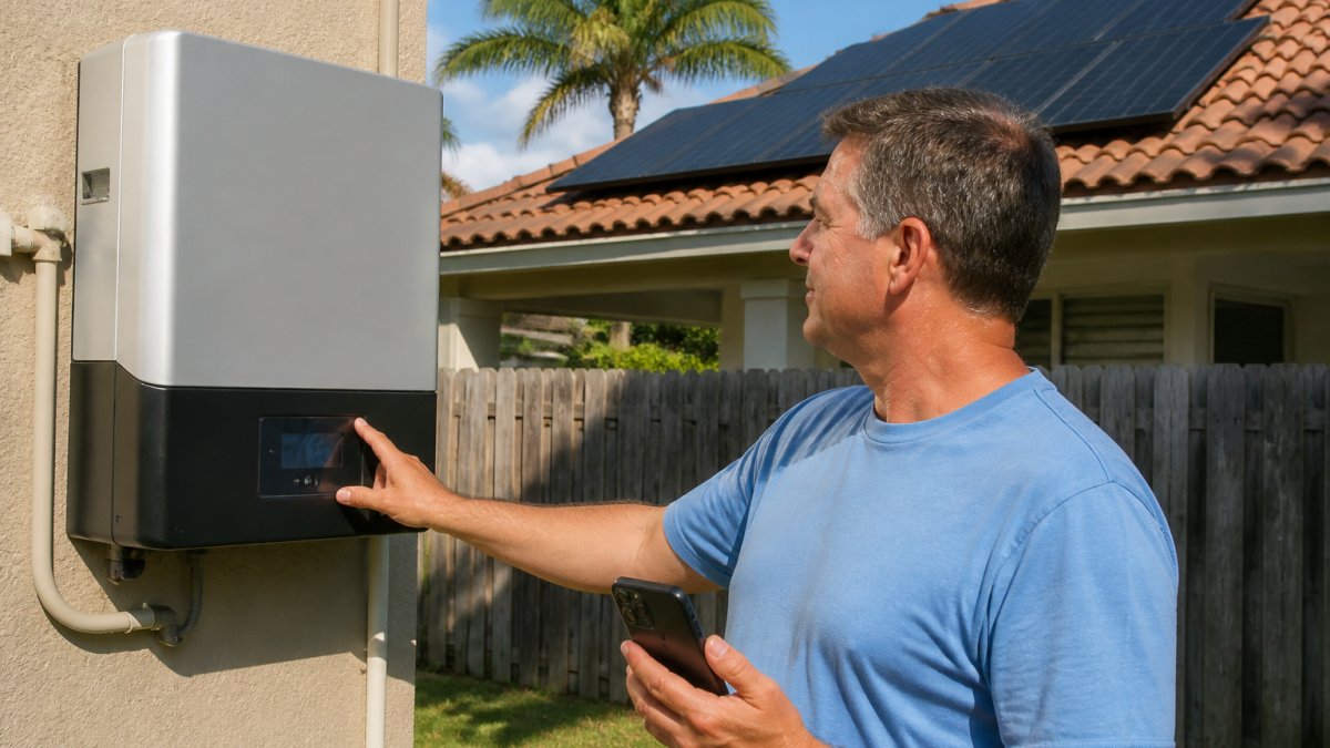 A homeowner standing in a Florida backyard beside a wall-mounted solar inverter, looking at the display screen with a phone monitoring app open in the other hand, palm trees and a tile roof behind them in afternoon light