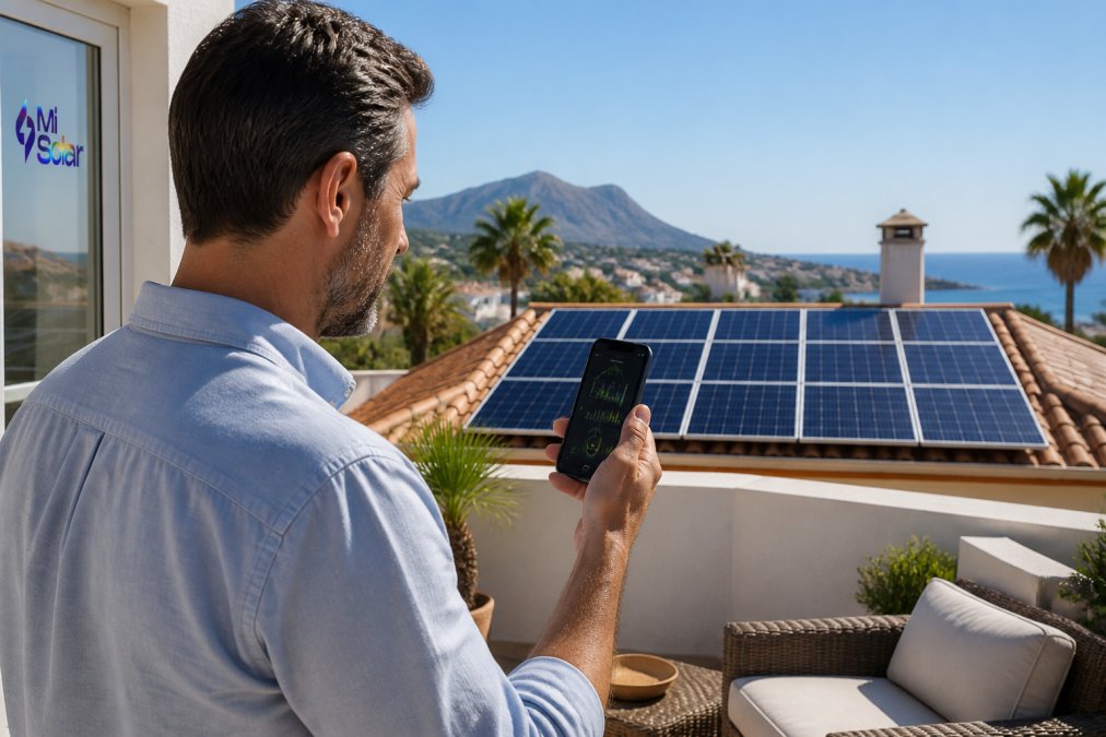 A homeowner standing on a sunlit Mediterranean terrace, looking at a smartphone app showing live solar production figures from roof-mounted panels behind them