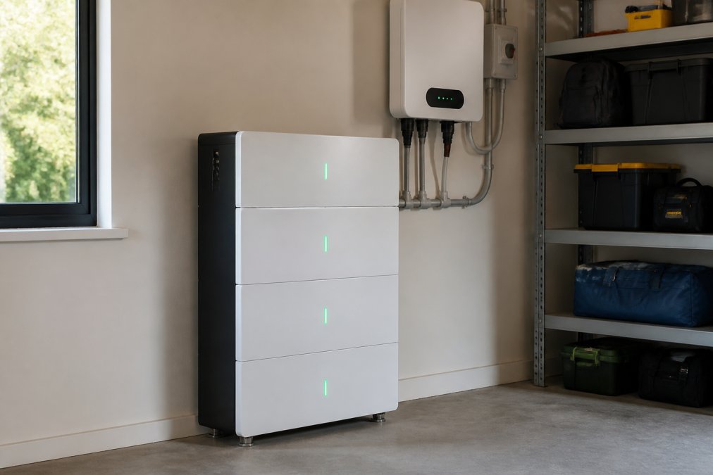 Battery backup system installed in home garage with LED indicator lights illuminated, showing active power management during outage conditions, natural daylight through window