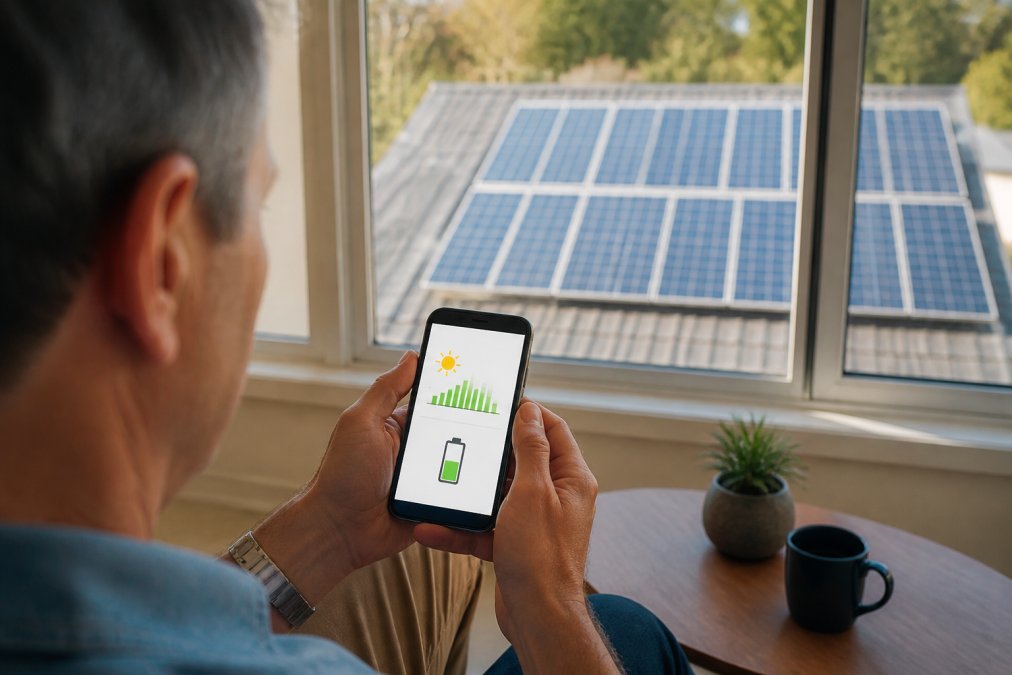 Homeowner reviewing energy monitoring app on smartphone showing solar generation and battery status, with solar panels visible through window in background, natural afternoon lighting