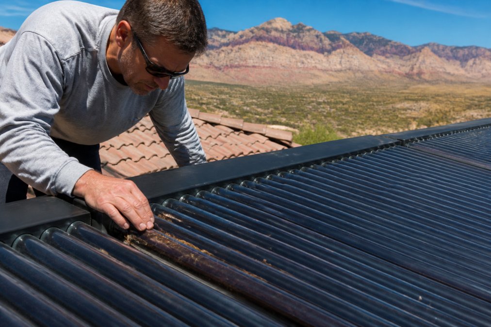 Close-up of a homeowner inspecting solar thermal panels during routine maintenance, checking for debris with clear sunny sky visible and desert landscape in background