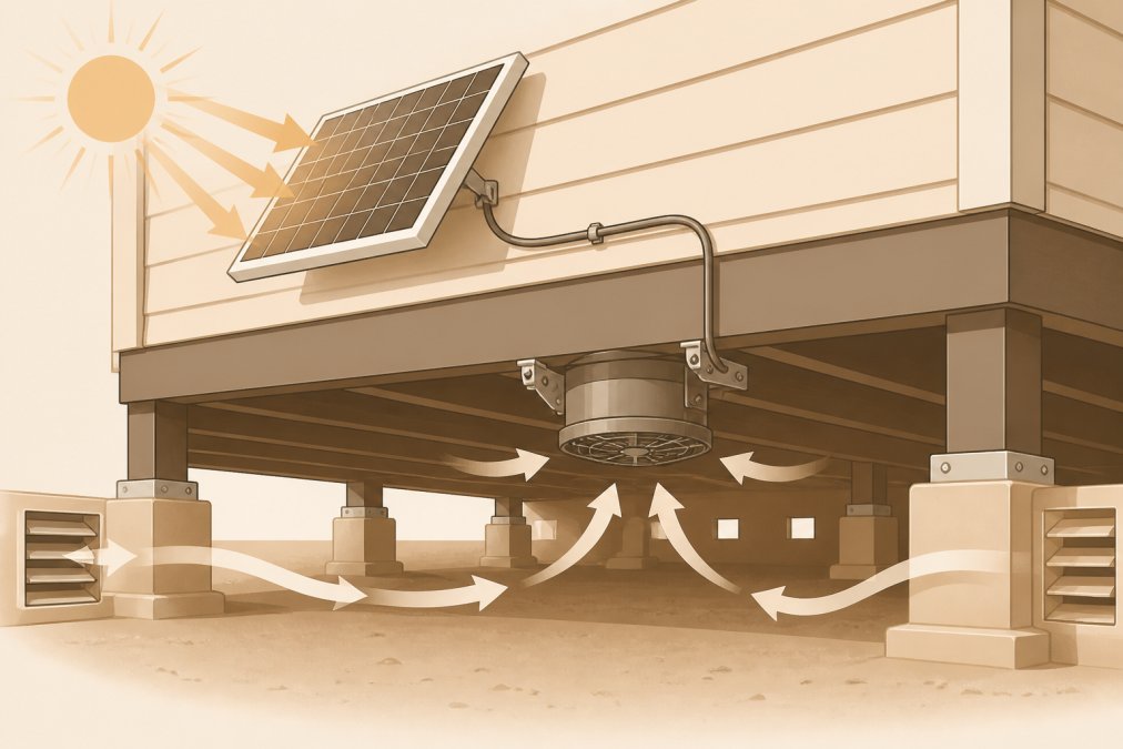 Professional illustration showing solar ventilation for damp subfloors