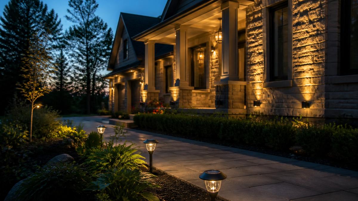 Residential property at dusk showing solar pathway lights along a garden bed and hardwired LED accent lighting illuminating architectural features, demonstrating the visual difference between both systems