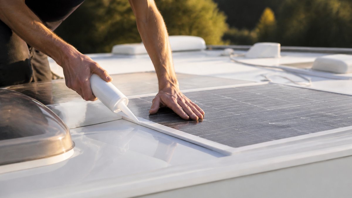 Nahaufnahme von Händen, die ein flexibles Solarpanel auf einem Wohnmobildach mit Klebstoff befestigen, während Sonnenlicht auf die Montage fällt