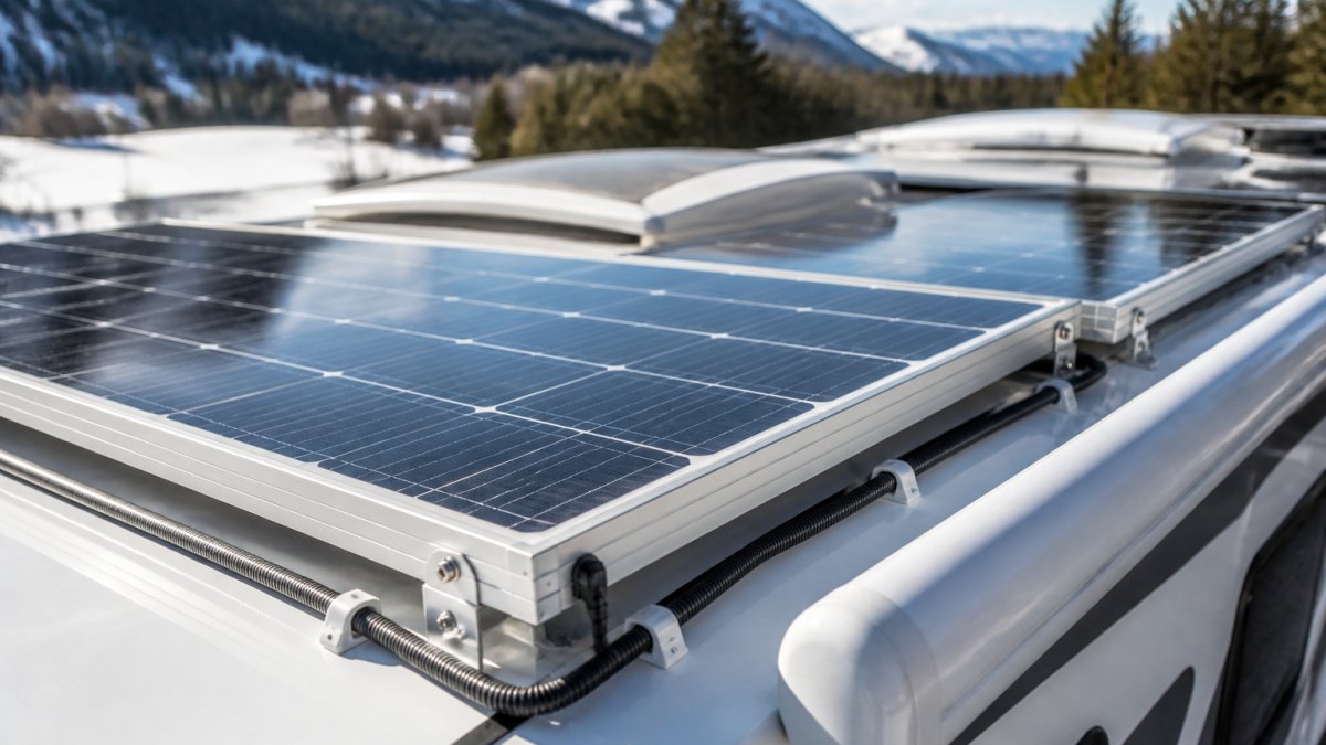 Solarmodule auf dem Dach eines Wohnmobils montiert mit sichtbarem Aluminiumrahmen, Edelstahlschrauben und Kabelführung unter südlicher Ausrichtung, natürliches Tageslicht