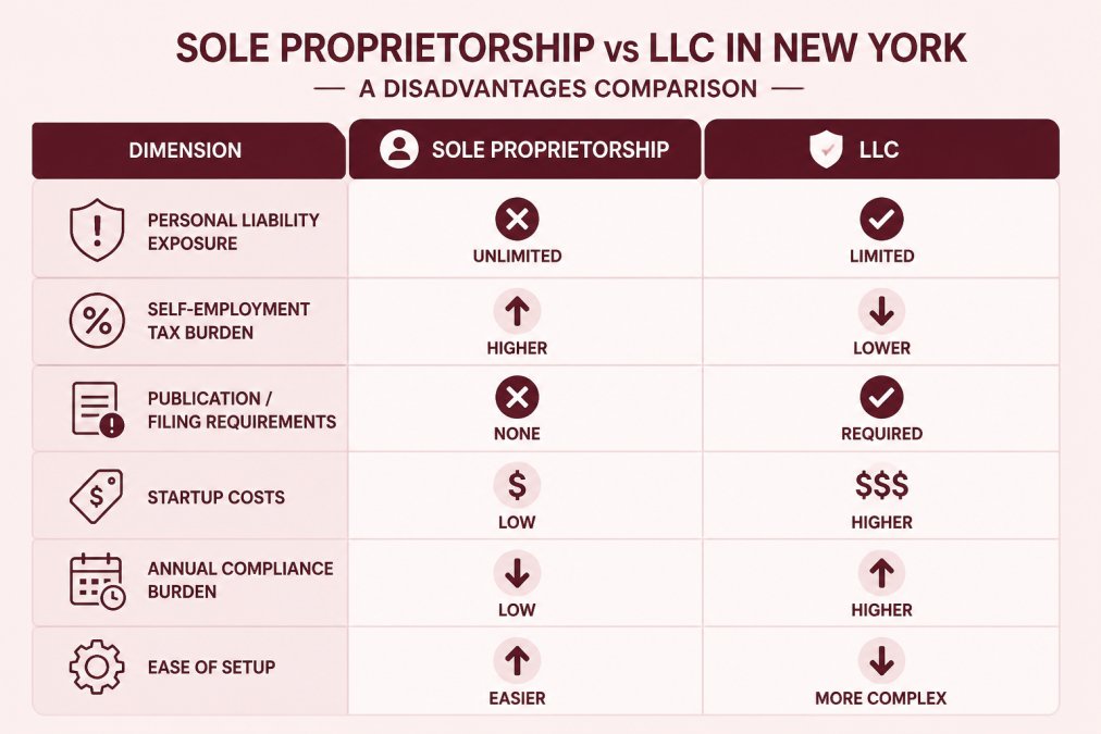 Comparison matrix showing sole proprietorship vs LLC across key dimensions: personal liability exposure, self-employment tax burden, publication/filing requirements, startup costs, annual compliance burden, and ease of setup