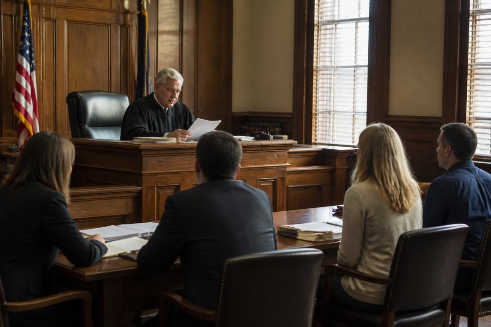 Family law judge reviewing case documents at bench with parents and attorneys present in courtroom setting, natural lighting from courtroom windows