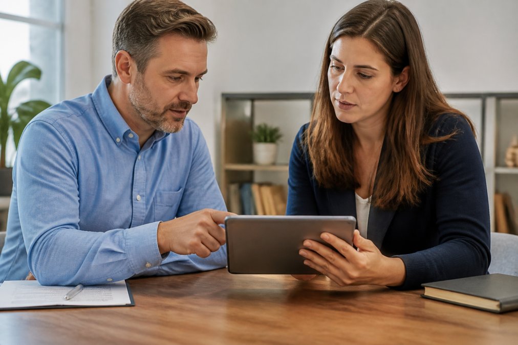 Two parents reviewing shared digital calendar on tablet device while discussing child's schedule in neutral professional setting, natural lighting