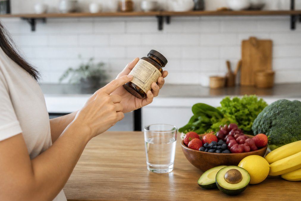 A close-up of a person's hands holding a supplement bottle and reading the label in a bright kitchen, with fresh fruits and vegetables on the counter nearby