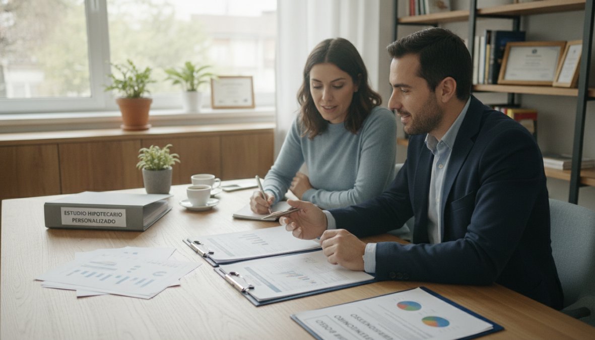Un asesor financiero profesional de unos 40 años explicando documentos impresos a una pareja joven sentada frente a él en una mesa de reuniones de una oficina moderna con luz cálida, plantas al fondo y un portátil abierto sobre la mesa