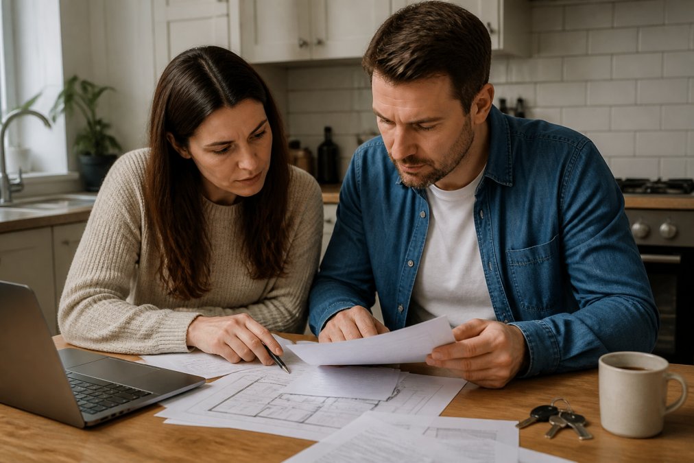 A couple in their thirties sitting at a kitchen table with a laptop, reviewing property documents and a floor plan, with house keys and a mug of tea nearby
