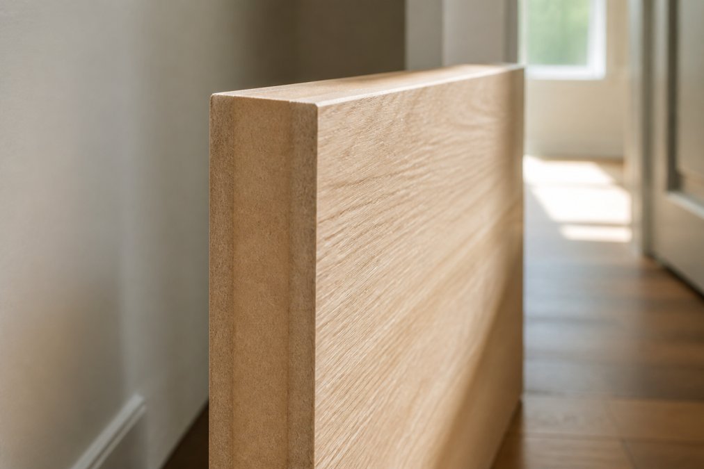 Close-up of a solid core interior door slab with the MDF composite edge exposed, showing the dense layered cross-section, with a smooth wood grain finished face visible in a sunlit residential hallway