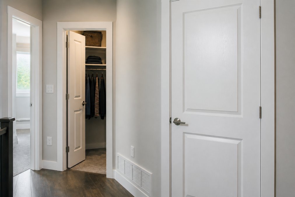 Interior view of a modern residential hallway showing a solid core bedroom door with a brushed nickel lever handle alongside an open closet with a lighter hollow core door, both in a well-lit neutral-toned corridor