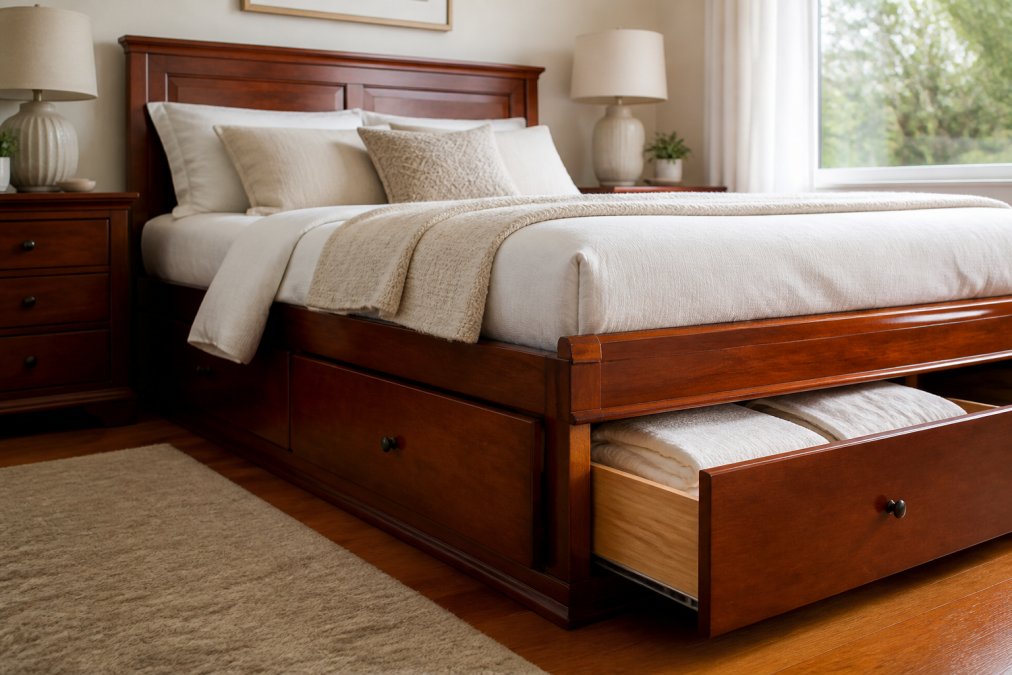 Bedroom with solid wood storage bed frame in warm cherry finish, showing integrated under-bed storage drawer pulled open with white bedding and linens visible, natural window light illuminating the hardwood grain and rich finish