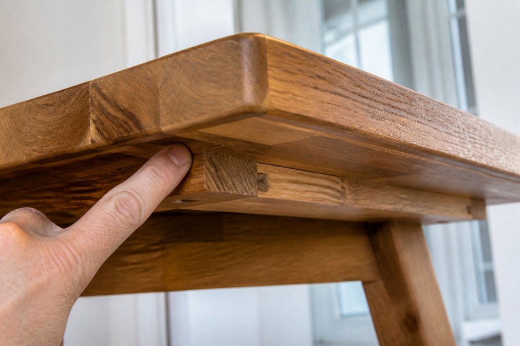 Close-up of wooden furniture edge showing visible wood grain and natural wood texture, with hand pointing to joinery detail and underside construction