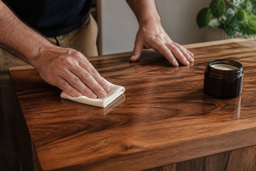 Hands applying wood conditioner with a soft cloth to a walnut furniture surface, showing the polishing motion and natural lighting on the wood grain