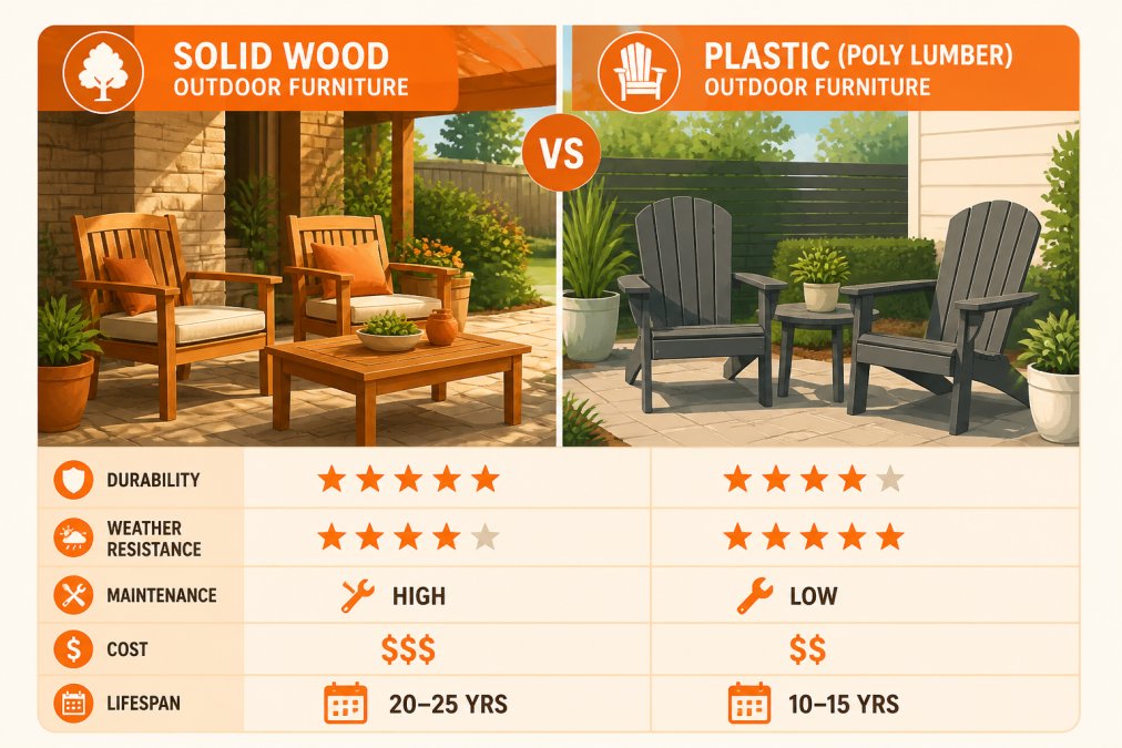A sunlit backyard patio showing two seating areas side by side: one with warm-toned solid teak wood chairs and a table, the other with poly lumber Adirondack-style chairs in a neutral slate color, surrounded by green potted plants and a stone pathway