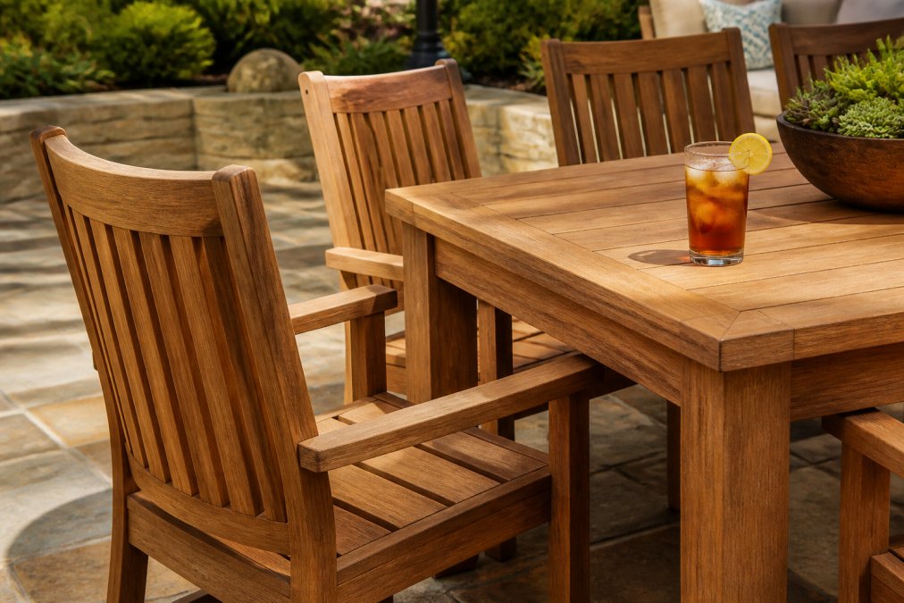 Close-up of a well-maintained solid teak outdoor dining set on a flagstone patio, showing the natural wood grain texture and warm honey-brown finish in warm afternoon sunlight, with a glass of iced tea on the table