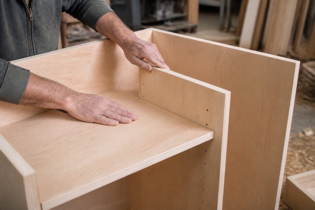 Infographic comparing cabinet box construction in the solid wood vs plywood debate with visible edge banding details