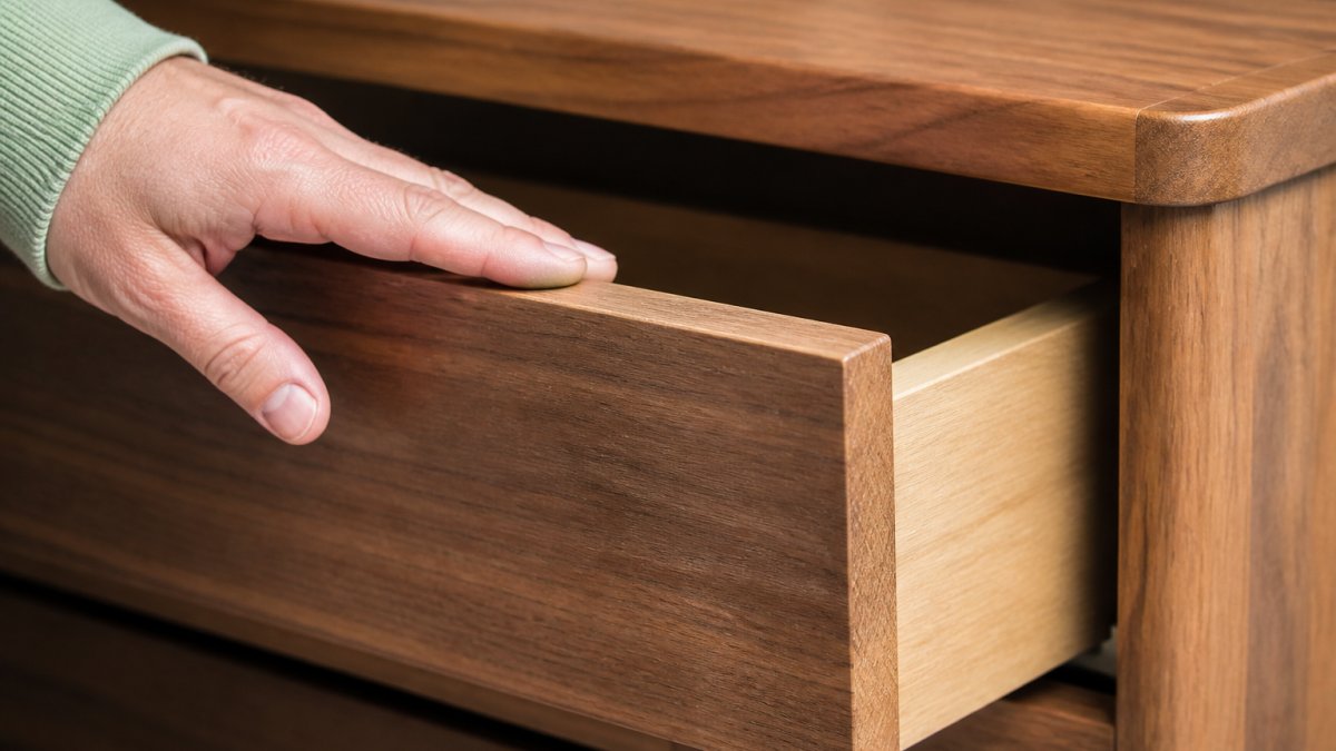 Close-up of a person's hand running along the edge of a wooden dresser drawer, showing the grain pattern and edge banding that reveals veneer construction