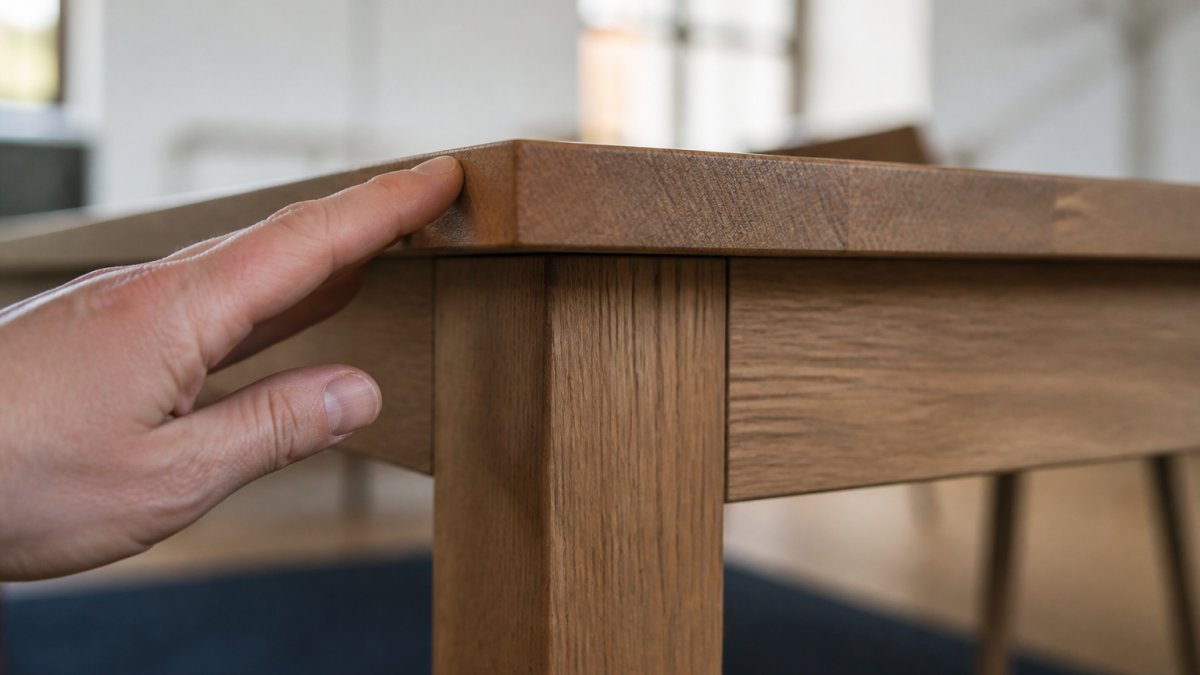 Close-up of a person's hand running along the underside edge of a timber table, revealing end grain and a visible join line where the top meets the leg