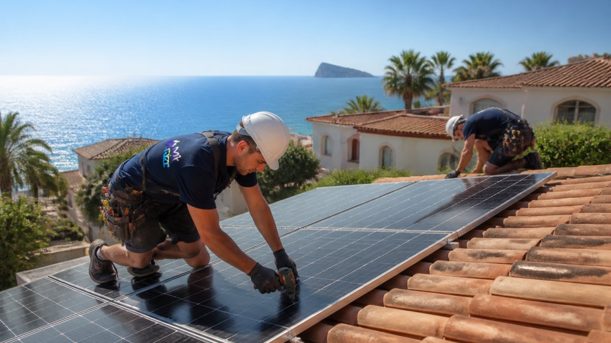 Professional solar installation team on a residential Mediterranean villa rooftop, securing photovoltaic panels with the sea visible in the background under bright morning sunlight