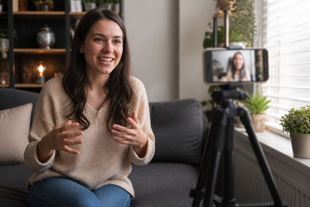 Content creator positioned using rule of thirds in frame with natural window lighting, filming on a smartphone mounted on a tripod in a home studio setup