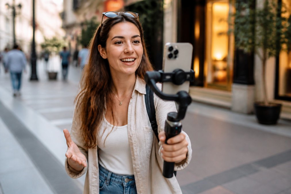 Solo creator holding a gimbal stabilizer with AI tracking while filming vertical video, demonstrating camera angle and depth of field with blurred background